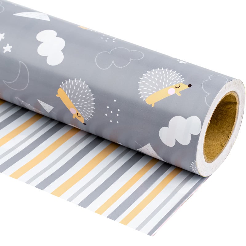 WRAPAHOLIC Reversible Baby Shower Wrapping Paper Mini Roll 17 Inch x 33 Feet Cute Hedgehogs and Stripes Design for Birthday Holiday Party